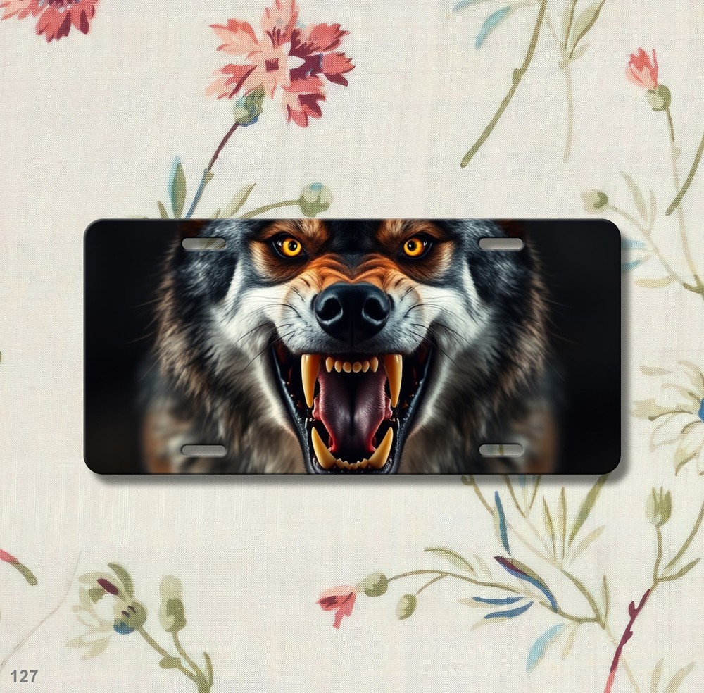 Intense Wolf License Plate with Fangs Personalized Auto Tag Gift Idea