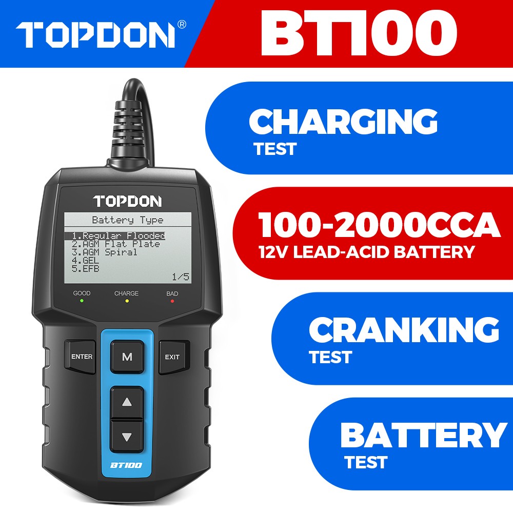 TOPDON BT100 12V Car Battery Tester 100-2000CCA Load Tester Charging System Test