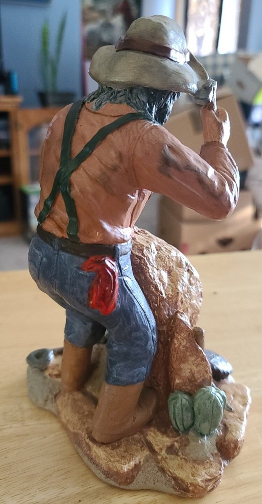 Hand Painted White Plaster Old Prospector Hammering A Rock