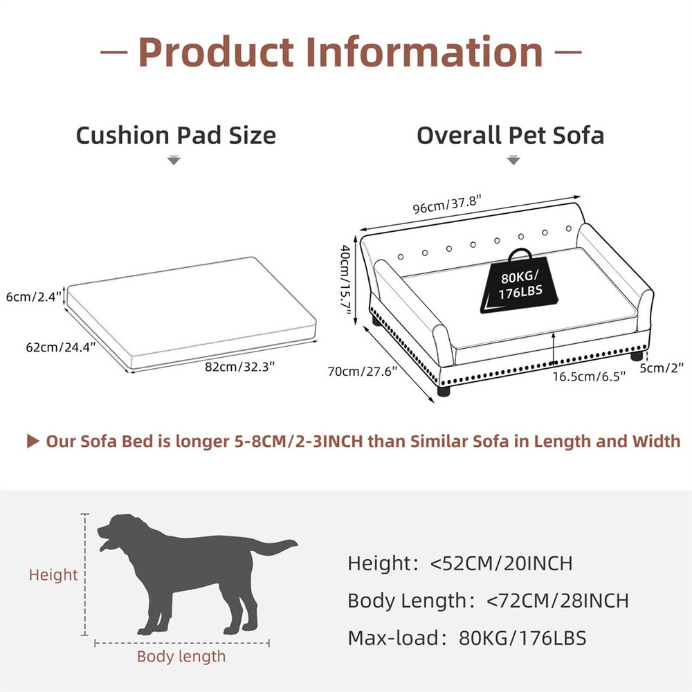 Oversized Elevated Dog Sofa Bed Rivet Microfiber Leather Calming Dog Couch Bed
