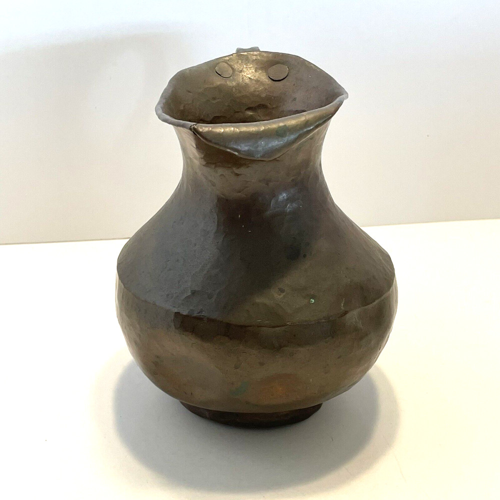 Antique Hammered Copper Pitcher Scrolled Riveted Handle Primitive Jug Dents 6"