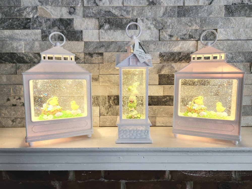 Three Easter Water Lanterns with Chick and Rabbit, White, LED, Contemporary