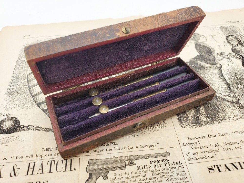 ANTIQUE DRAFTING & DRAWING INSTRUMENT 1800s EBONY HANDLE SET PEN TOOL ENGINEER