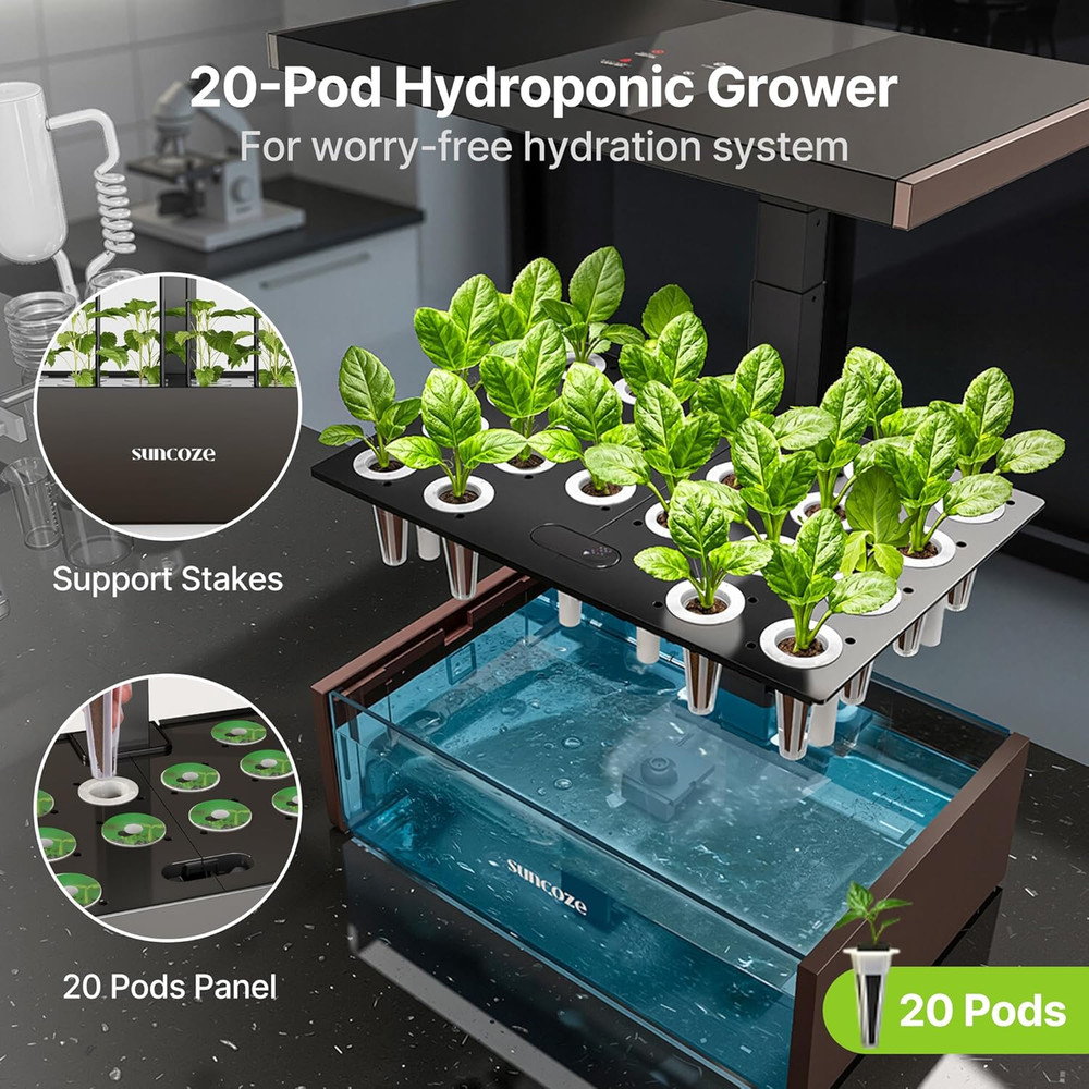 Indoor Hydroponics System Kit with 20 Pods, 30W LED Light & LCD Display