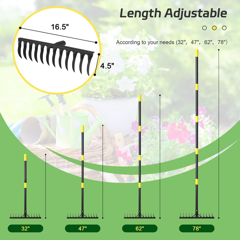 Bow Rake, 78" Heavy Duty Garden Tools Lawn Leveling Rake with Long Handle, 12...