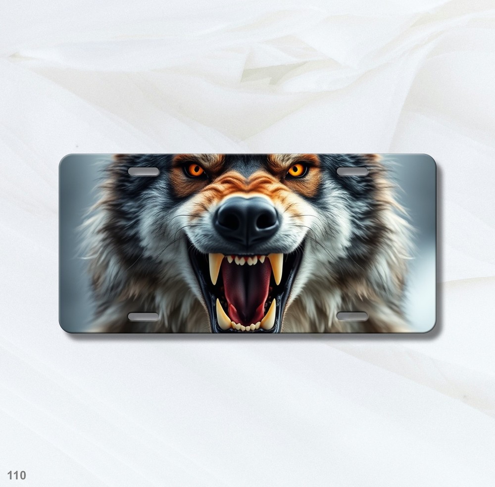 Aggressive Wolf License Plate Fierce Expression Custom Vanity Plate Unique Gift