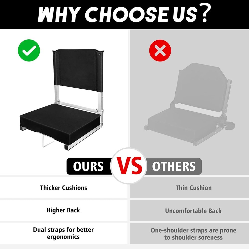 Foldable Stadium Seats w/ Back Support & Cushion for Bleacher Seat Pad Bleacher