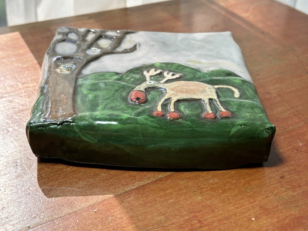 Studio Pottery Signed Stoneware Moose Tile Signed HC 7.50"