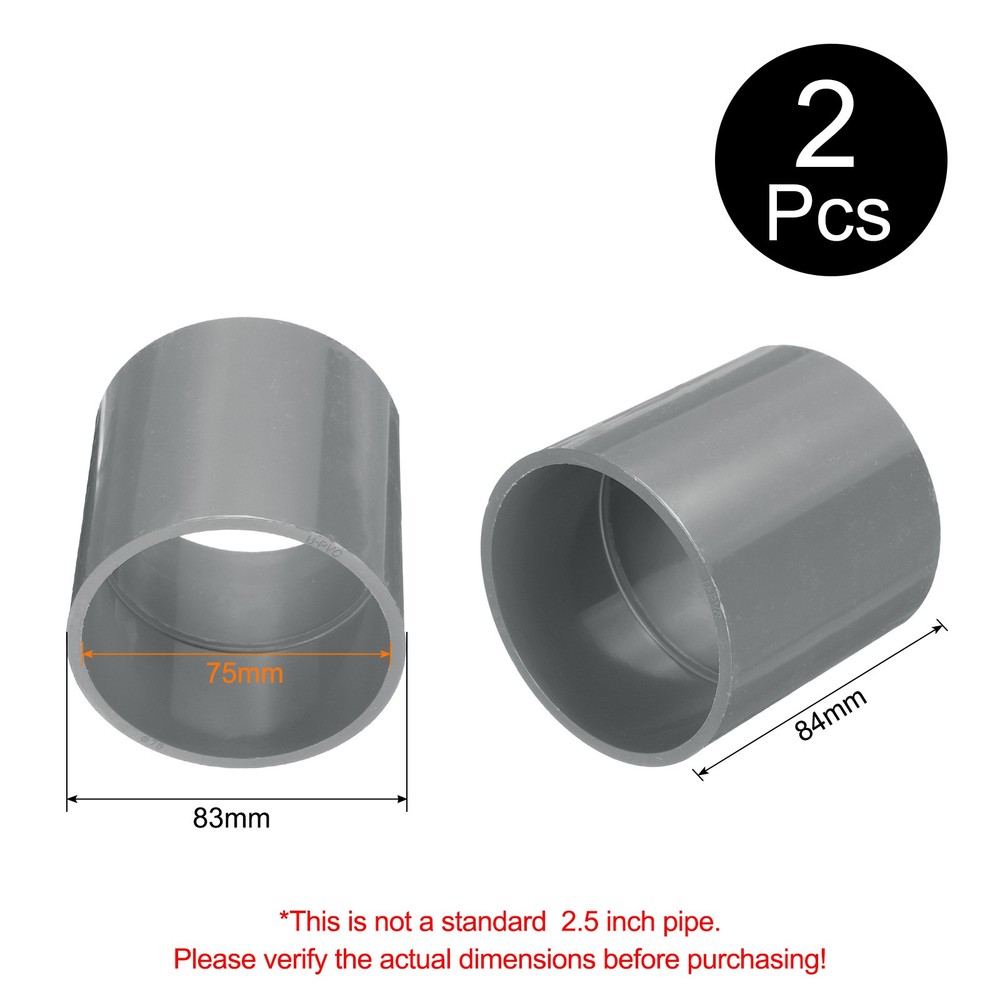 2 Pcs PVC Pipe Fitting 2.5 Inch Coupling Adapter (Socket x Socket), Grey