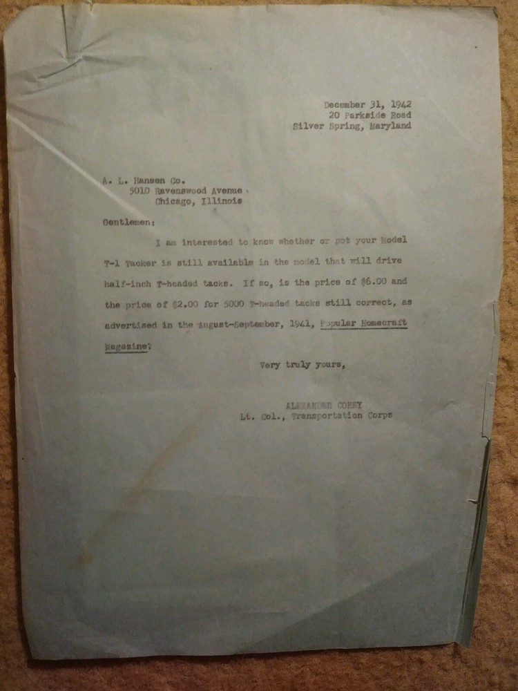 A.L. Hansen Manufacturing bundle with 2 typed letters, tacker and envelope 1943