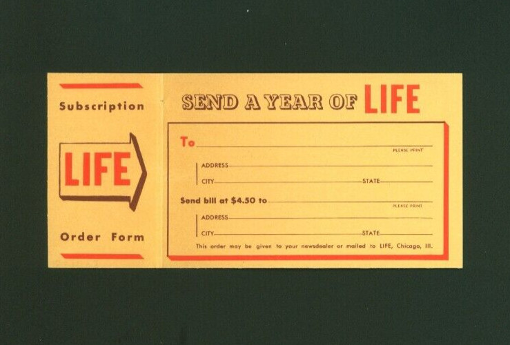 LIFE Magazine Subscription Order Form From 1941