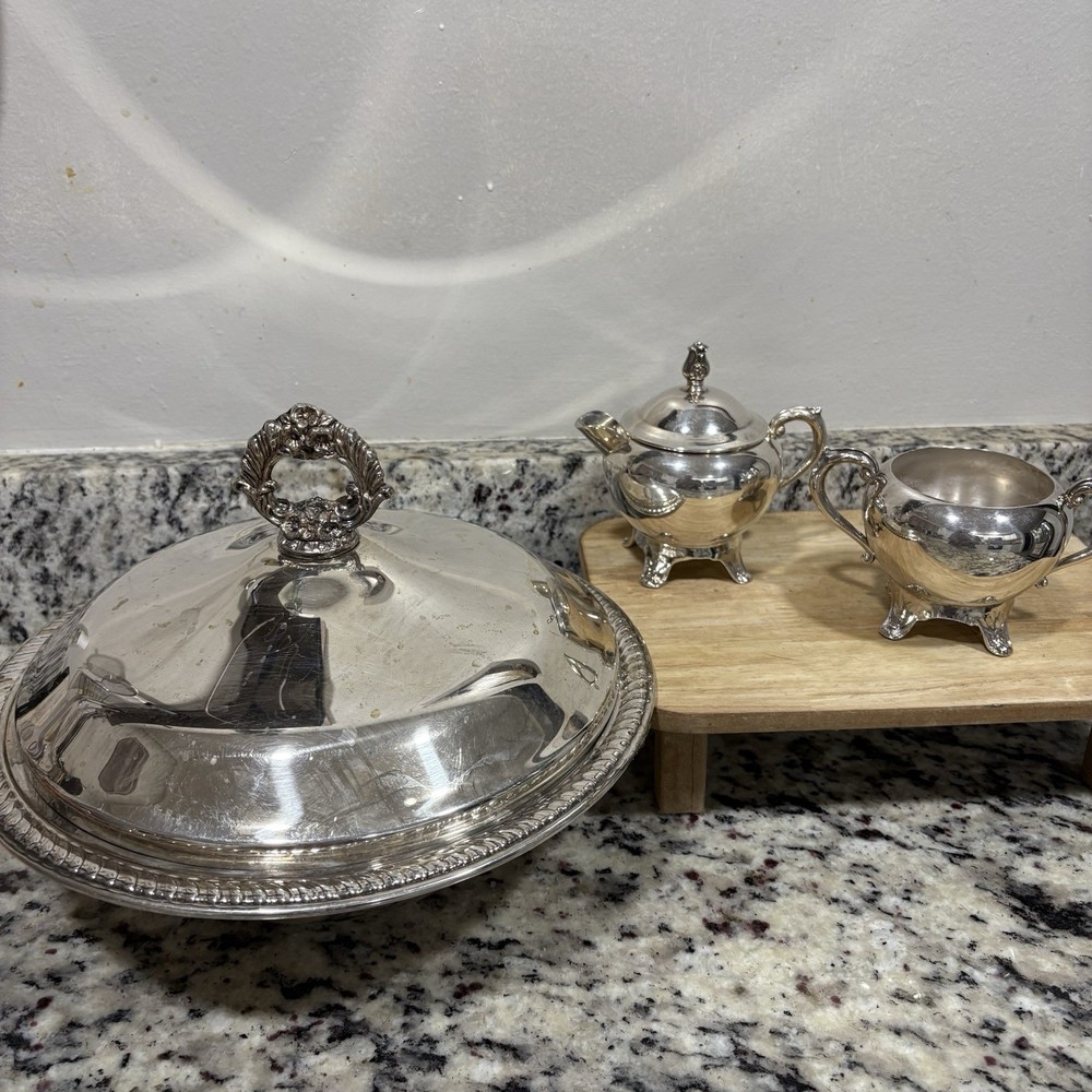 FB Rogers Lidded Serving Dish With Creamer & Sugar - Vintage - Silver