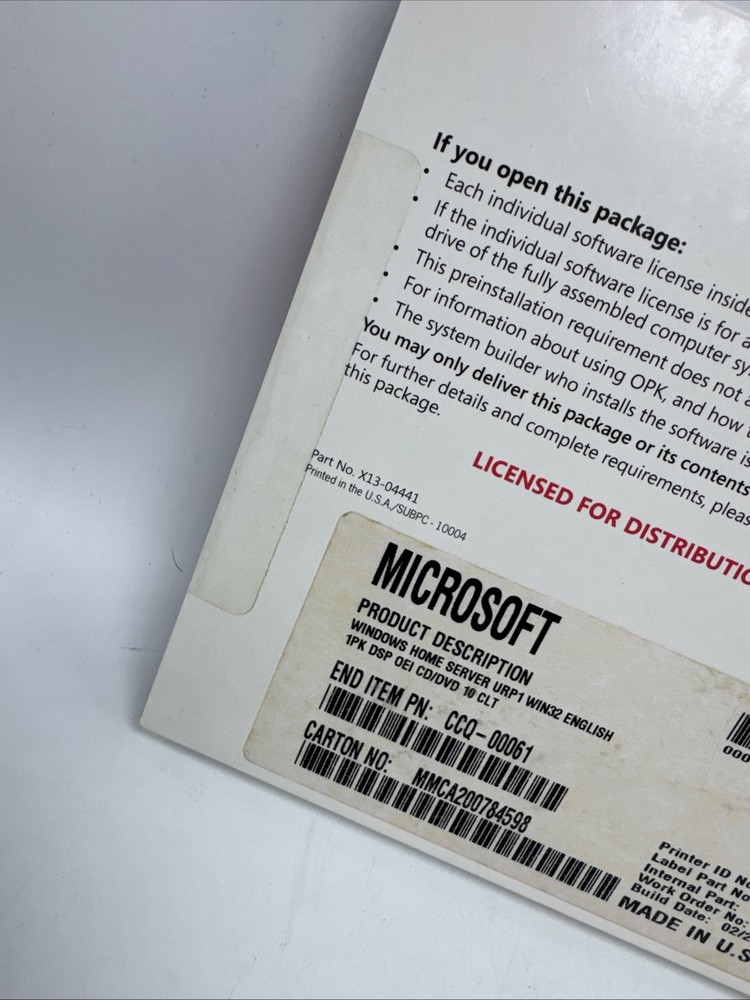 Microsoft Windows Home Server OEM System Builder Pack Made USA X10-63162 Sealed