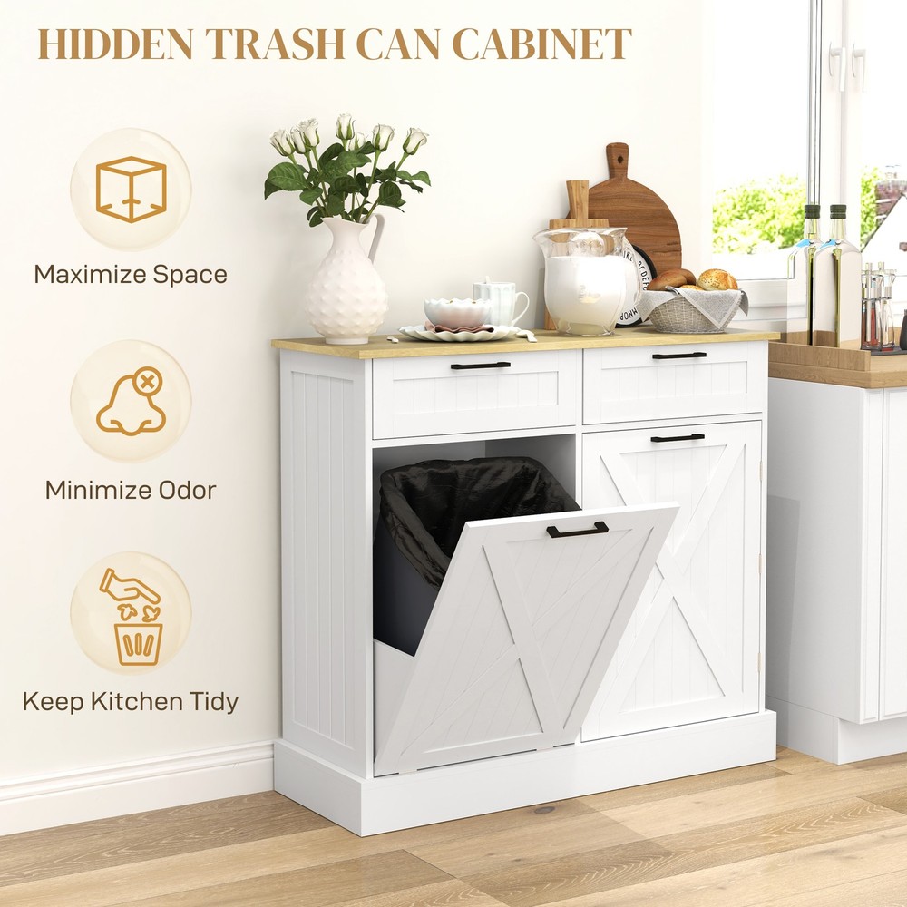 Kitchen Island with Trash Can Storage and Drawers, White