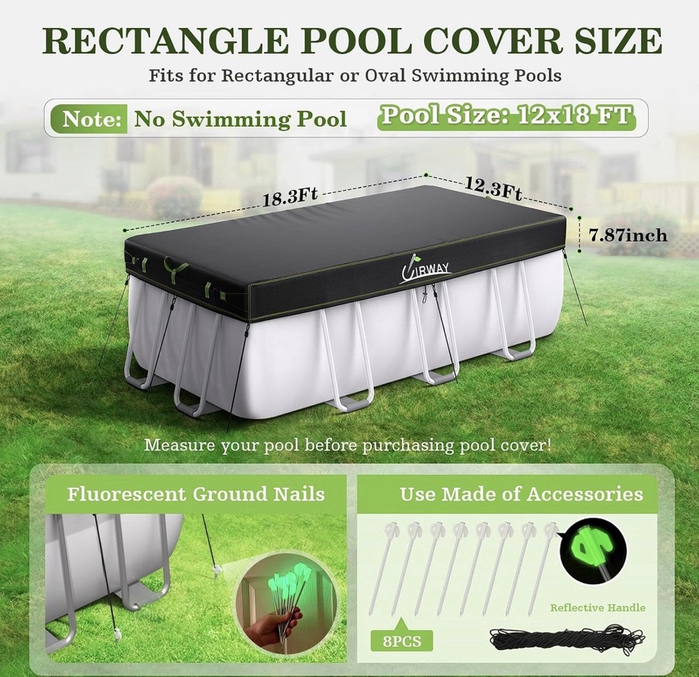 Rectangular Pool Cover with Reflective Strips for Above Ground Pool, 12x18 FT