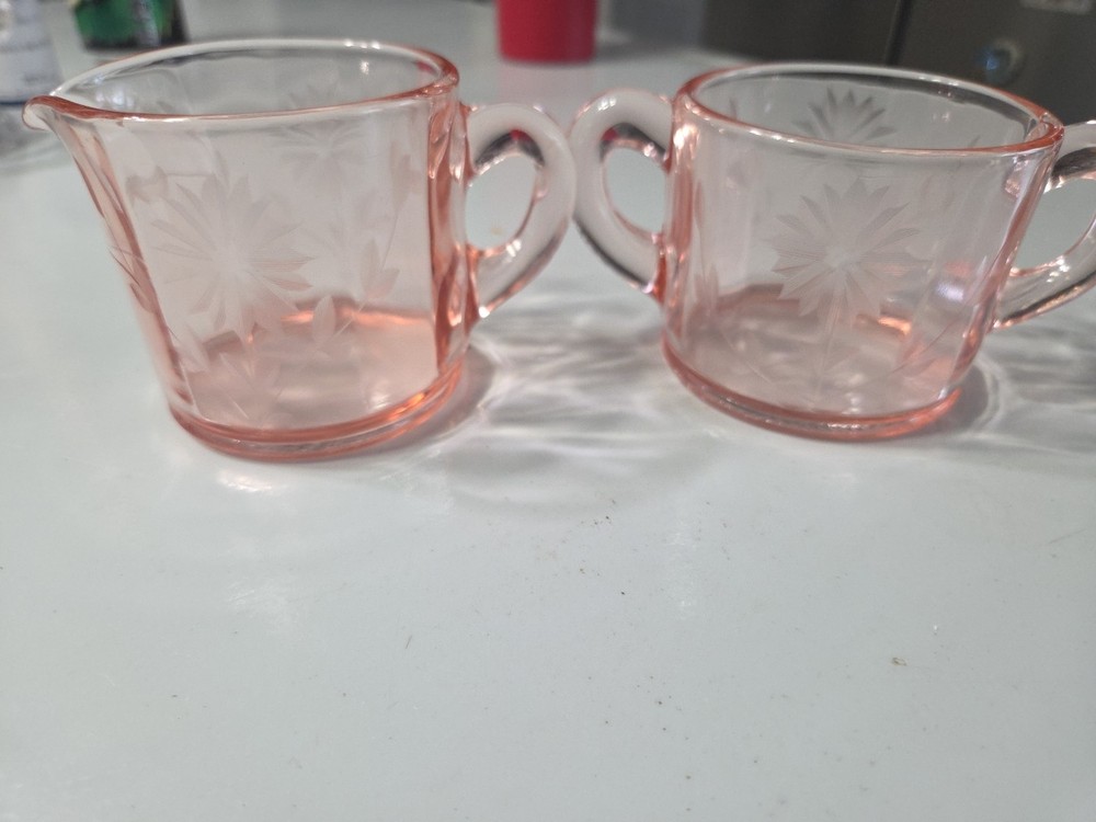 Pink Depression Glass Cream And Sugar- Etched Floral Pattern
