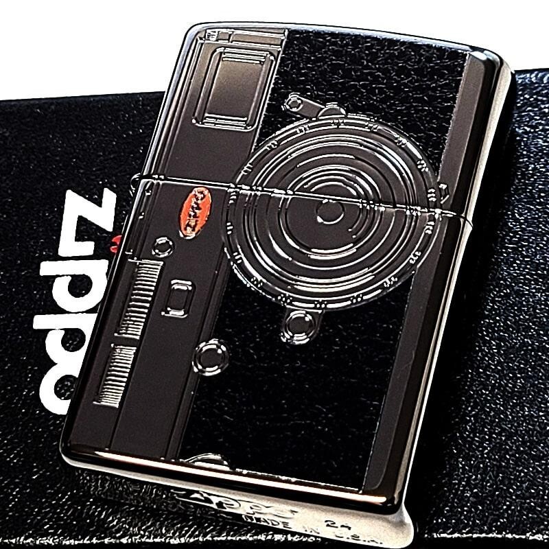 Zippo Camera Black Nickel Etching Engraving Black leather-effect print