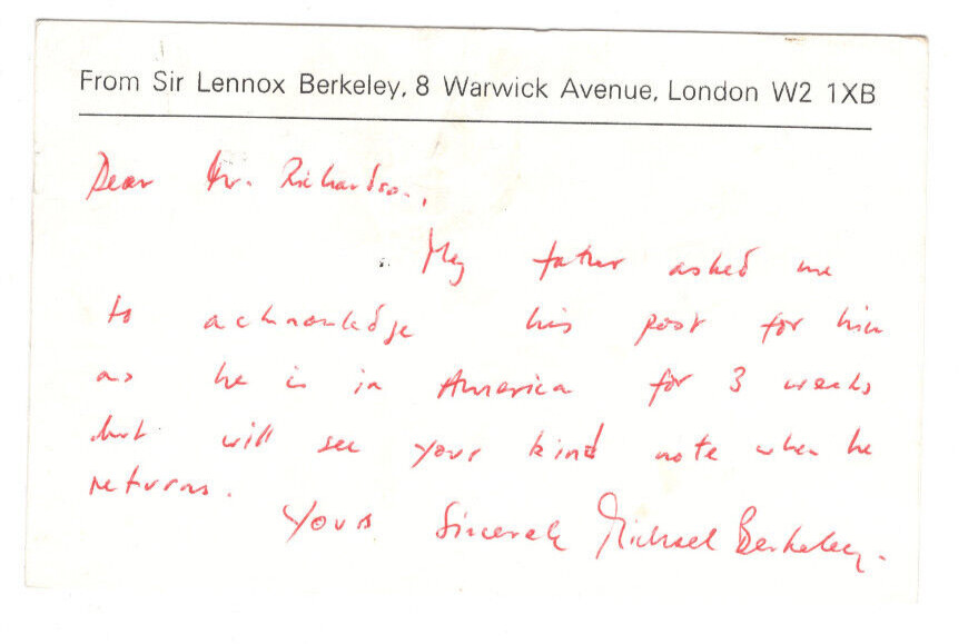 Lennox Berkeley Signed Postcard ca. 1978 / Autographed Composer
