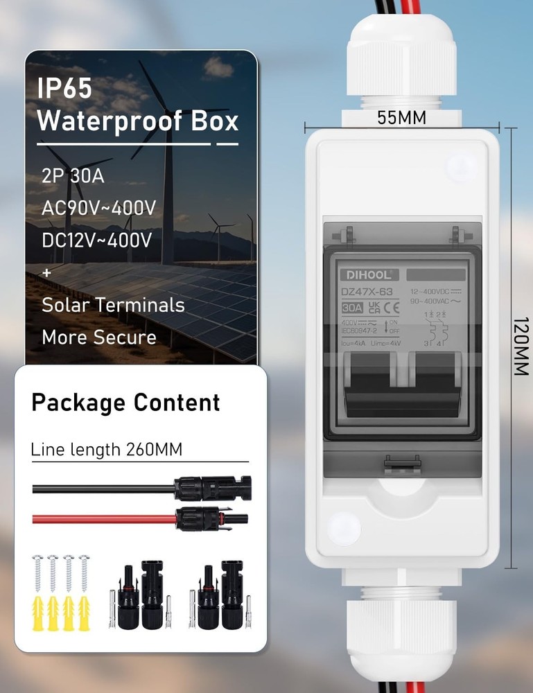 30 Amp Solar Panel Disconnect Switch - Non-Polarized 2 Pole Circuit Breaker
