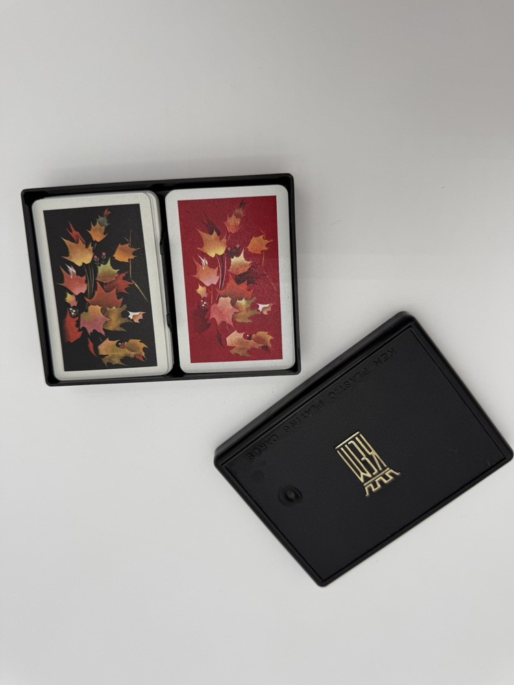 Vintage KEM Plastic Playing Cards Double Deck Leaf Pattern w/ Case missing cards