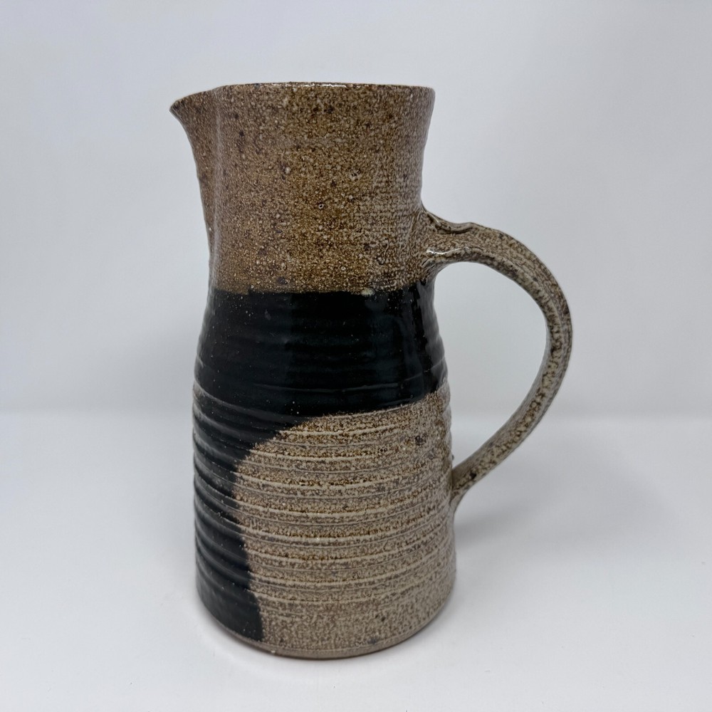 Rustic Hand Turned Stoneware Pitcher 8.5 inch Handle Brown Glaze Brown Stripe