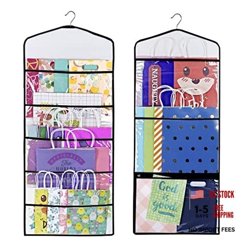 Hanging Double Sided Gift Bag Storage Organizer with Multiple Front and Black