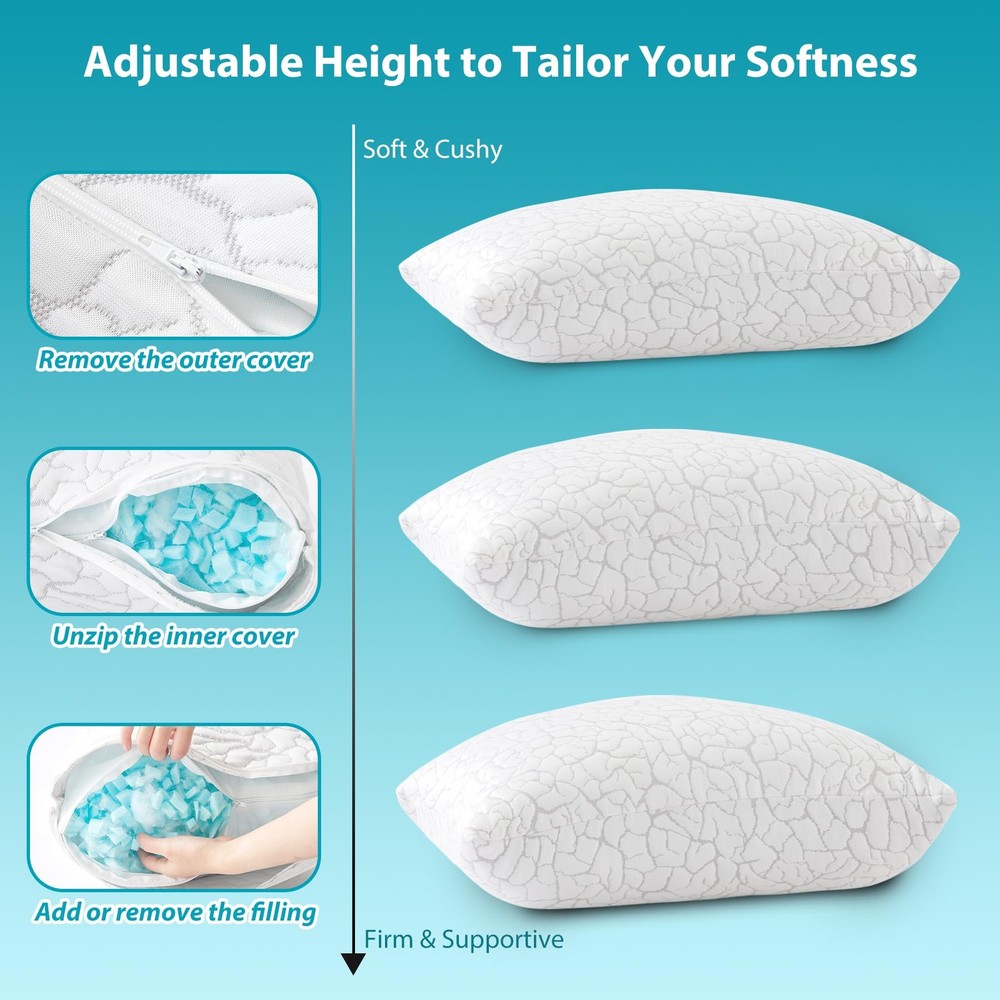 Cooling Pillows for Sleeping 2 Pack, Adjustable Shredded Memory Foam Pillows ...