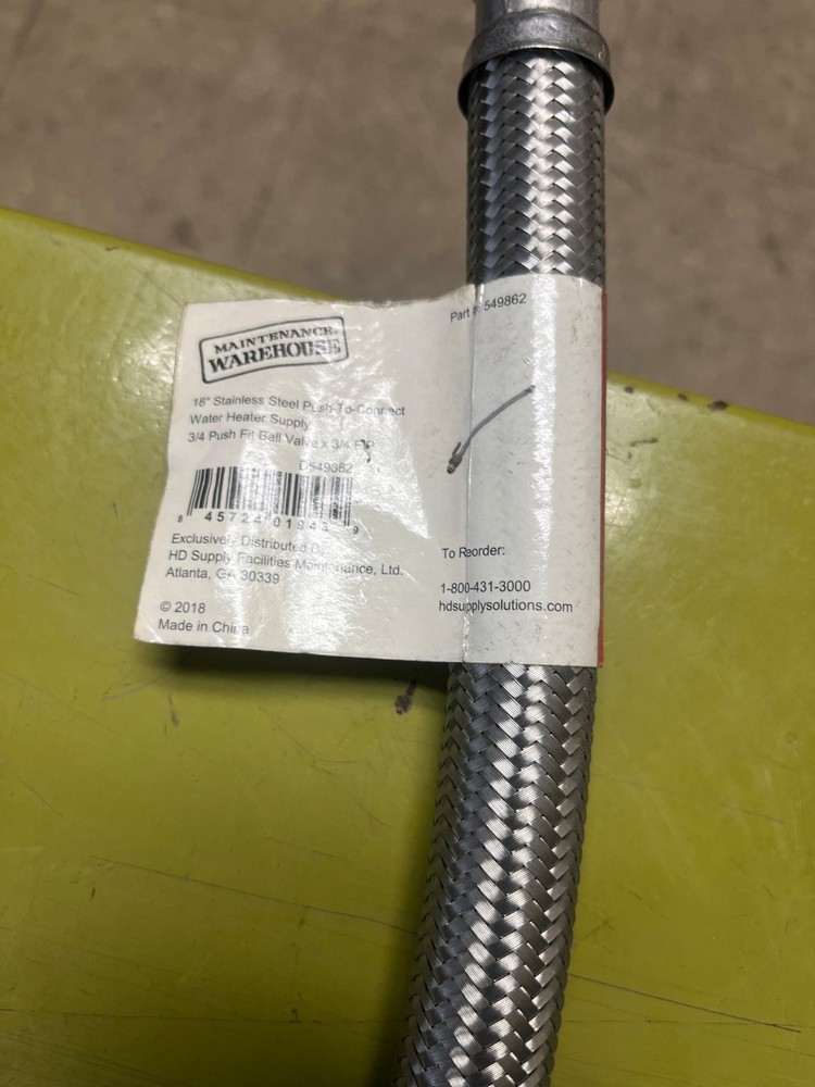 Sharkbite Water Heater Connection with shutoff 3/4 Inch. 18 Inch