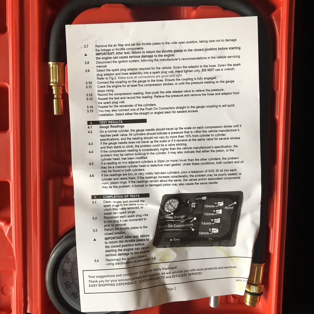Gasoline Engine Cylinder Compression Tool Kit