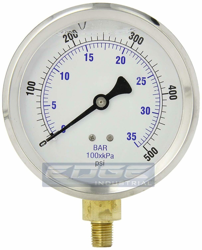 LIQUID FILLED PRESSURE GAUGE 0-500 PSI, 4" FACE, 1/4" LOWER MOUNT