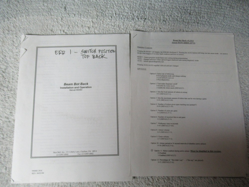 BEAM BOT BACK   arcade game manual