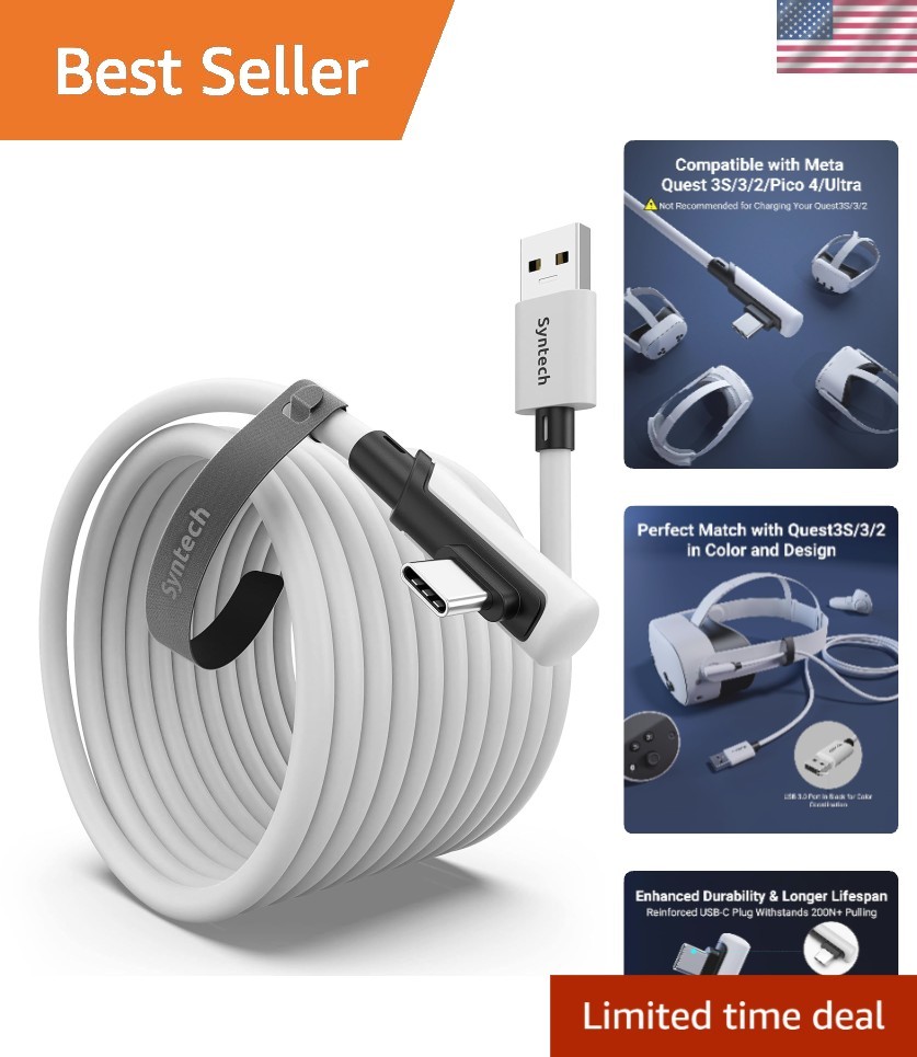 L-Shaped 20FT USB Link Cable for Oculus Quest 3/2 & Pico 4 - Gaming Essential