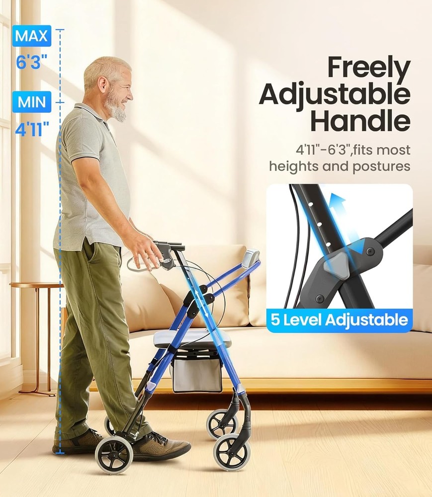Lightweight Rollator Walker Seat Backrest Foldable All Terrain Adjustable
