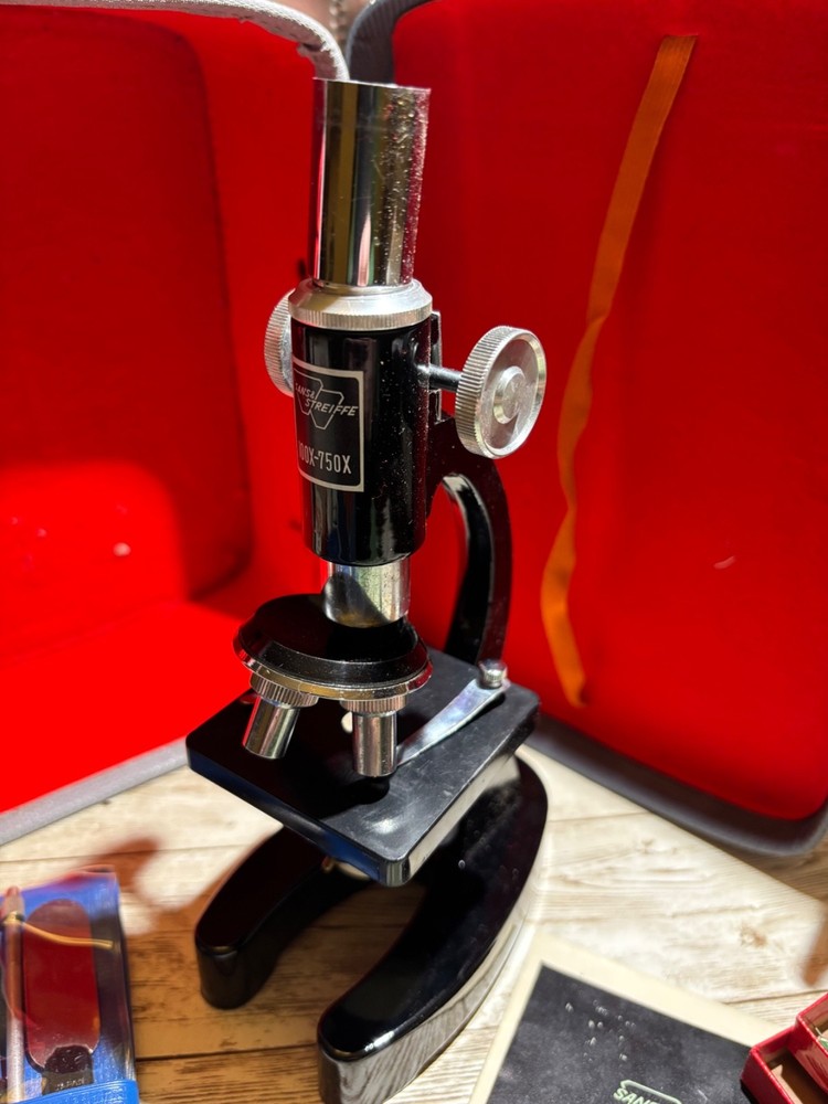 Vintage Sans & Steiffe Microcscope with case, tools and asst slides