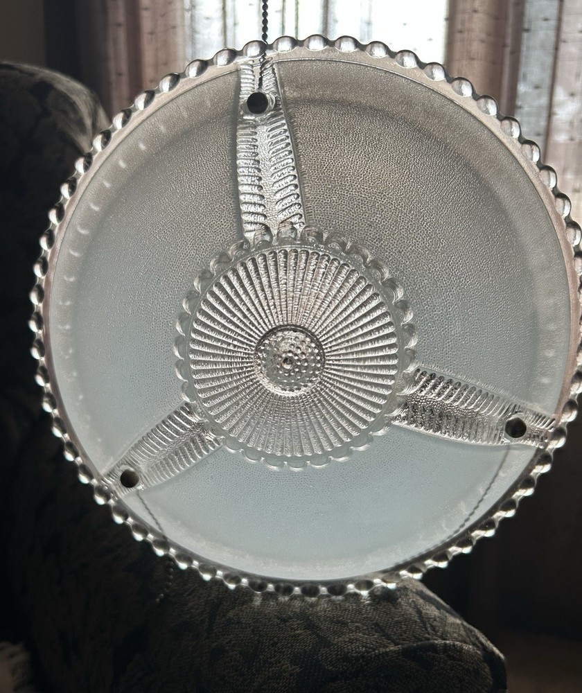 Vintage Frosted Panel 3 Hole Beaded Glass Ceiling Light Shade Light Blue Chains