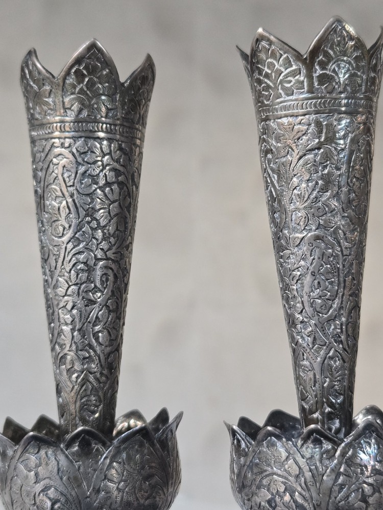 Pair Of Antique Solid Silver India Kashmir Vase