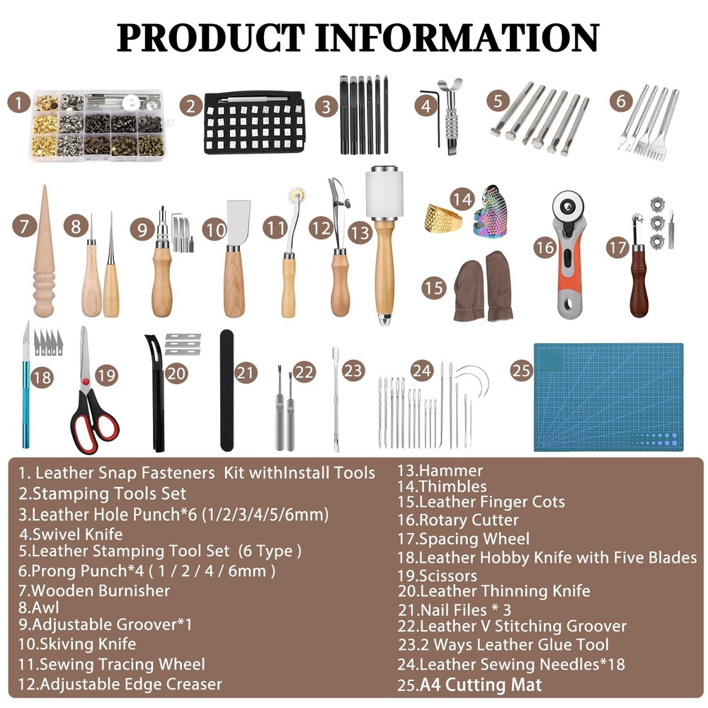 SOCNITC Leather Craft Tools, Working Kit with Snaps and Size 2, Black