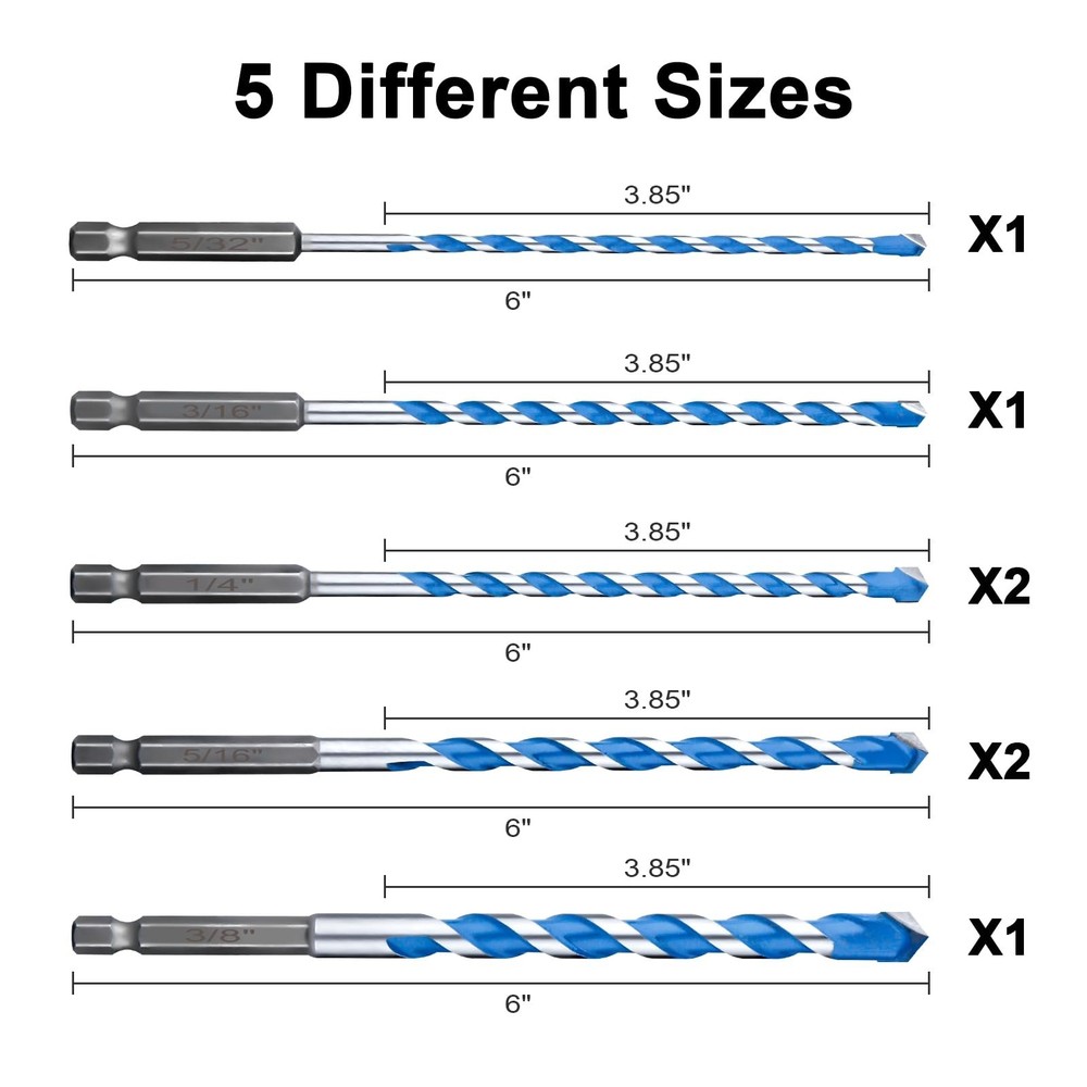 Concrete Drill Bit Set 7 Pcs, Masonry Drill Bit Set 5/32"-3/8", Shockproof He...