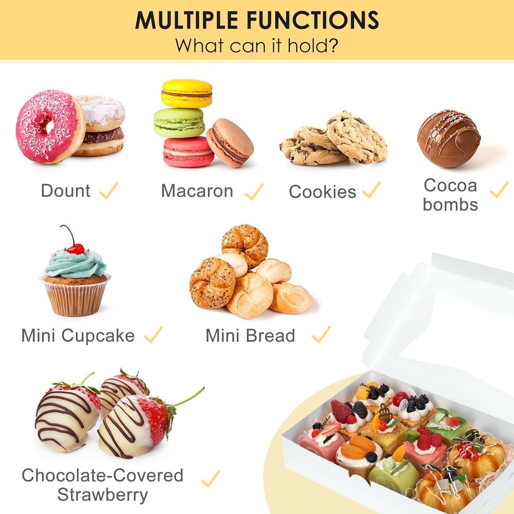 48pcs Bakery Boxes,12x8x2.5 Inches Cookie Boxes with 3 Style Window for Choco...