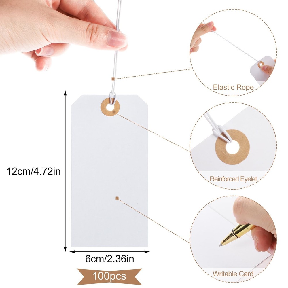 100pcs Large Price Tags with String Attached White Hang Paper Tags with Elast...