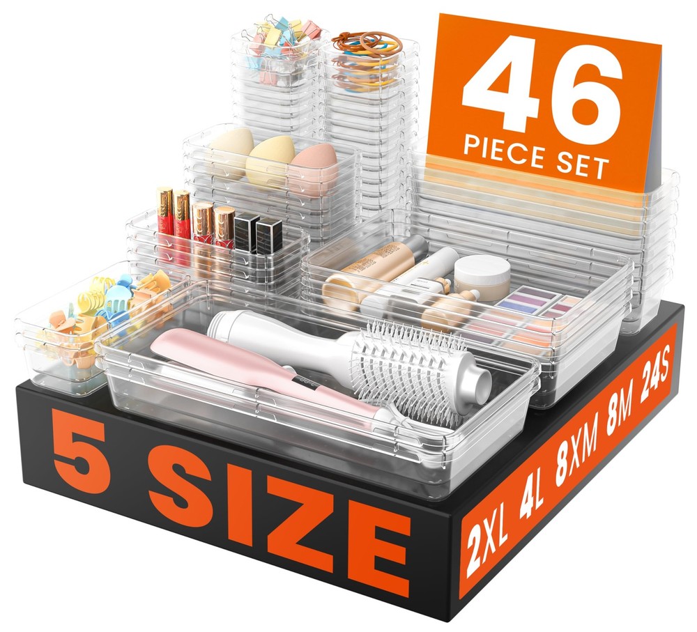 46PCS Clear Drawer Organizer - Makeup, Bathroom, Vanity & Kitchen Storage