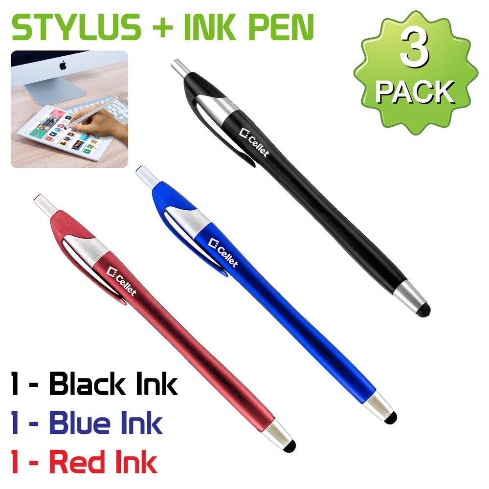 Cellet STYLUS + INK PEN - BLACK / BLUE / RED Ink - 3-Pack