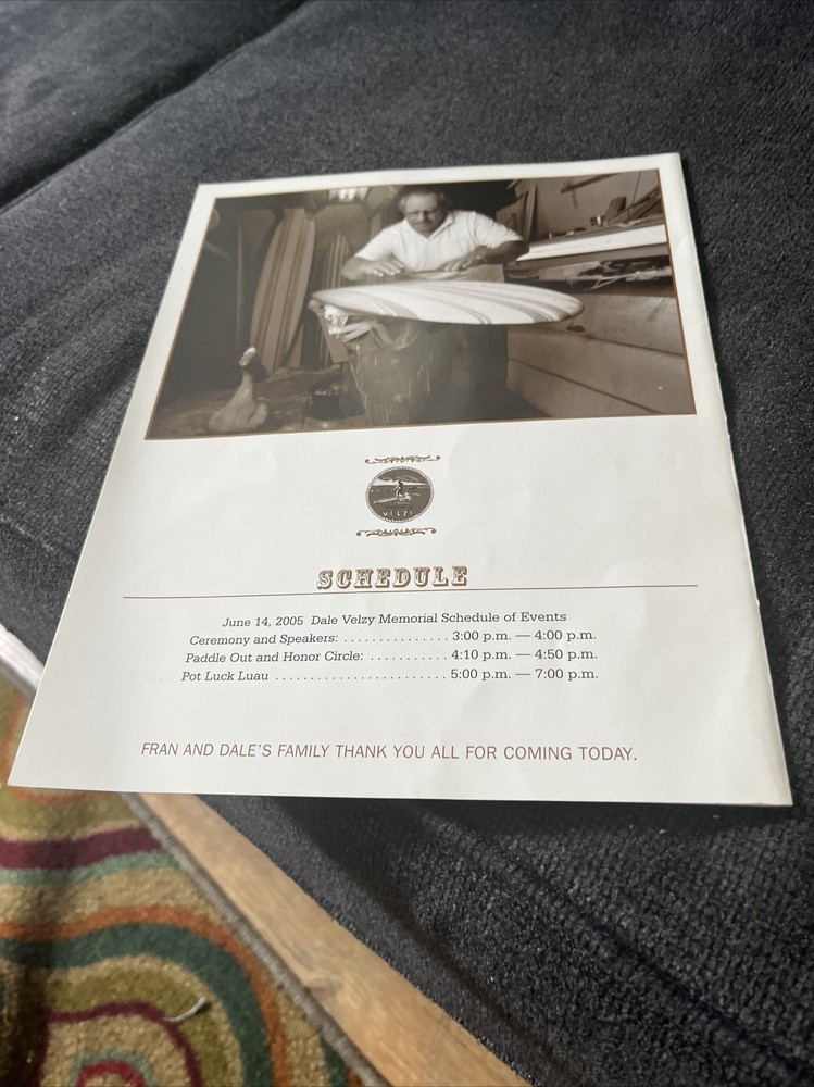 Vintage Surfing ephemera - Dale Velzy memorial program