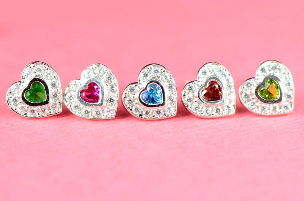 14k Solid White Gold Halo Heart Stud Earrings