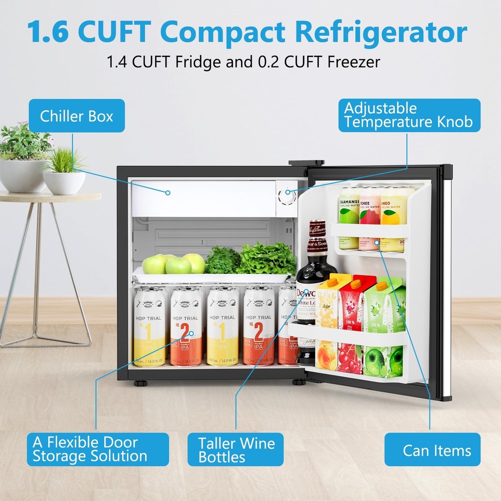 Electactic 1.7 Cu.ft Mini Fridge with Freezer, Compact , Single Reversible Door