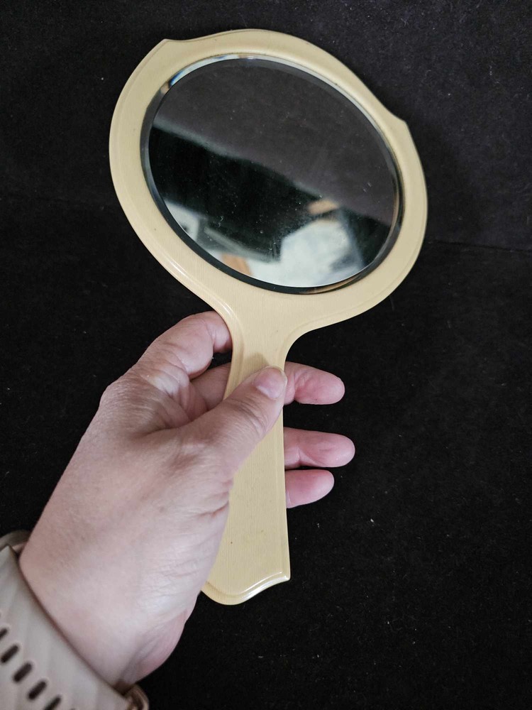 Vintage Cream Tone Celluloid Plastic Hand Mirror Vanity