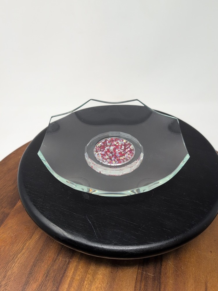 Oleg Cassini Crystal Footed Bowl Ruby & Clear Crystals Center 7" Signed Bling!