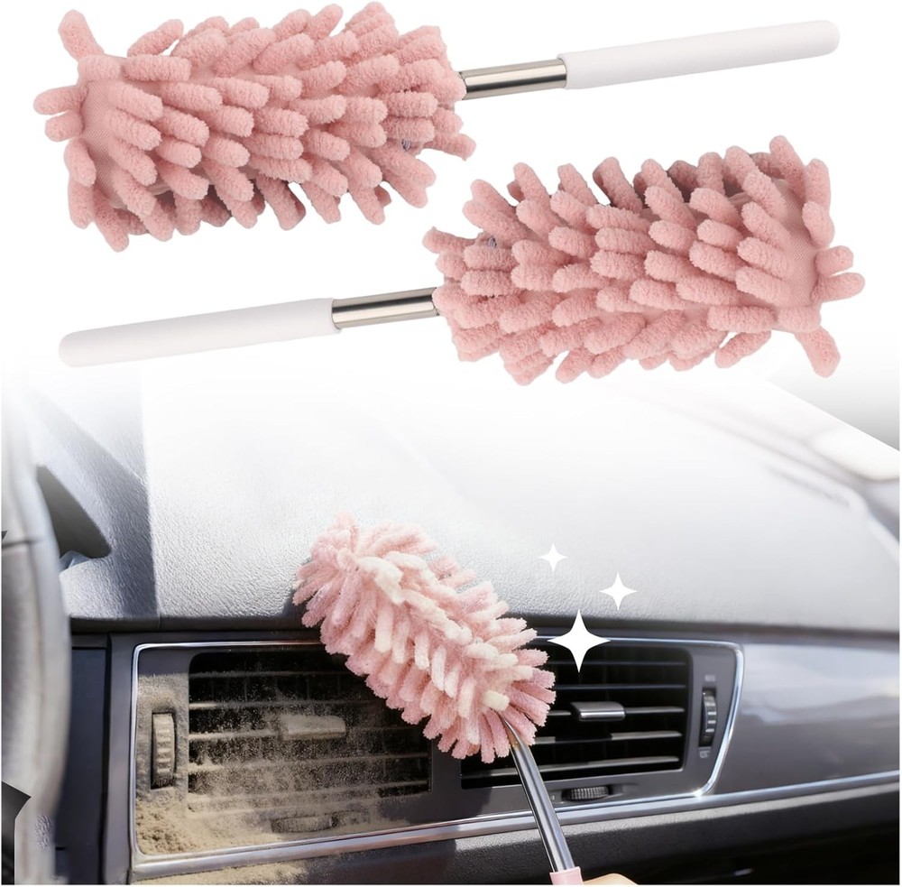 2PCS Car Interior Duster Pink Microfiber with Bendable Head & Retractable Pole