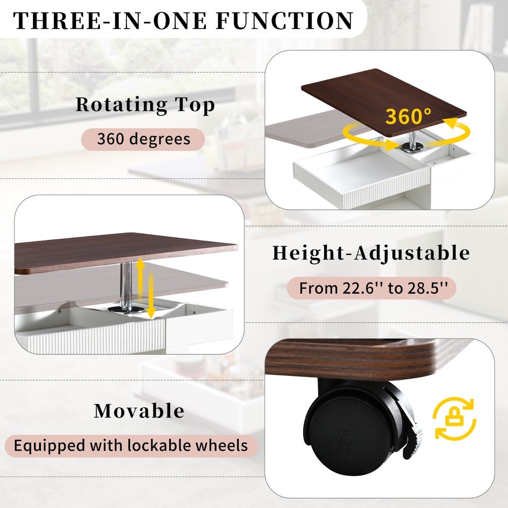 Modern multi-functional adjustable coffee table, wheels and height-adjustable