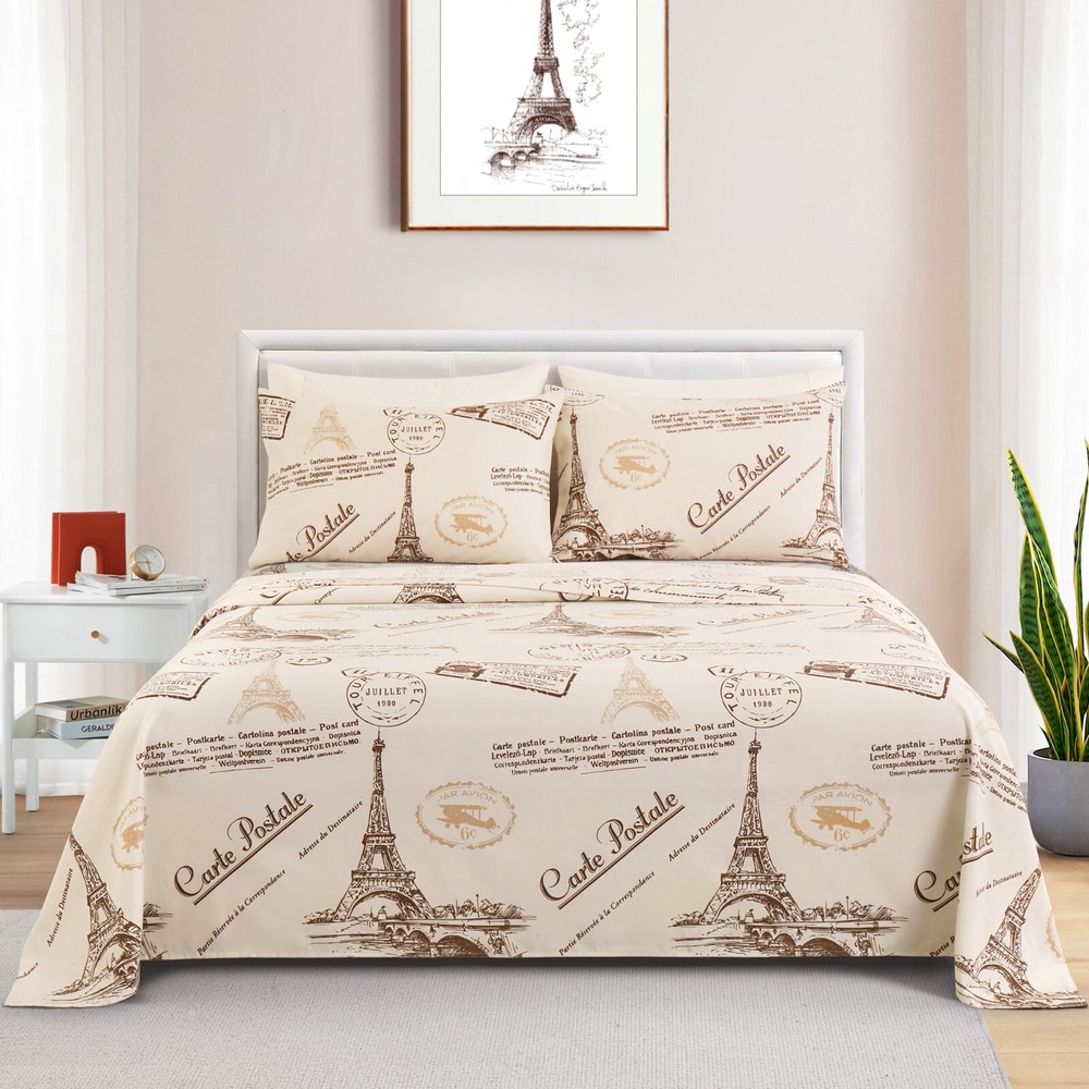 Rayon from Bamboo Deep Pocket 6 Piece Printed Sheet Set, Eiffel Tower Ivory Twin